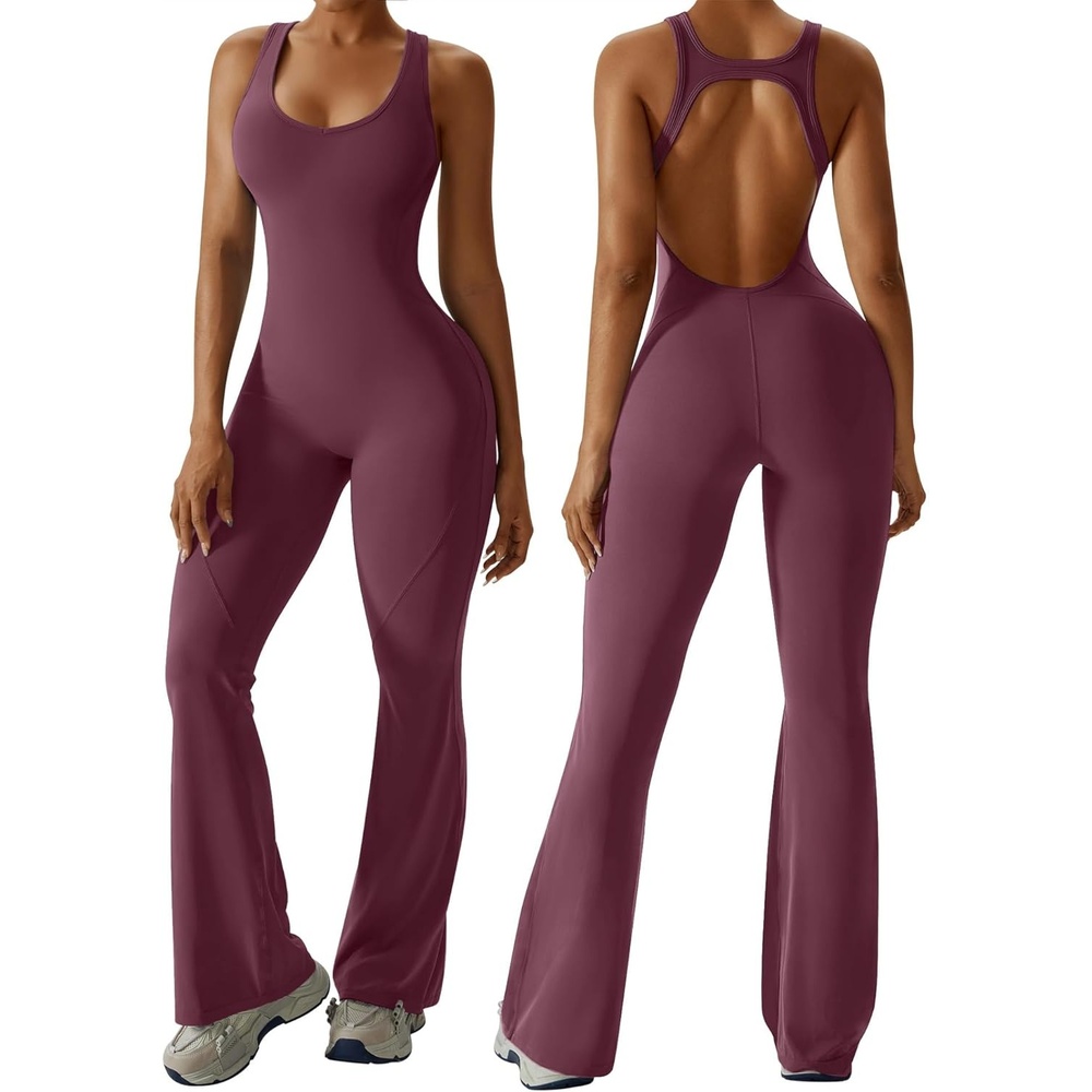 image:imageOEAK Womens Flare Jumpsuit with Bra Tummy Control Cutout Romper Workout Outfit Sleeveless Unitard One Piece Backless BodysuitWine Red