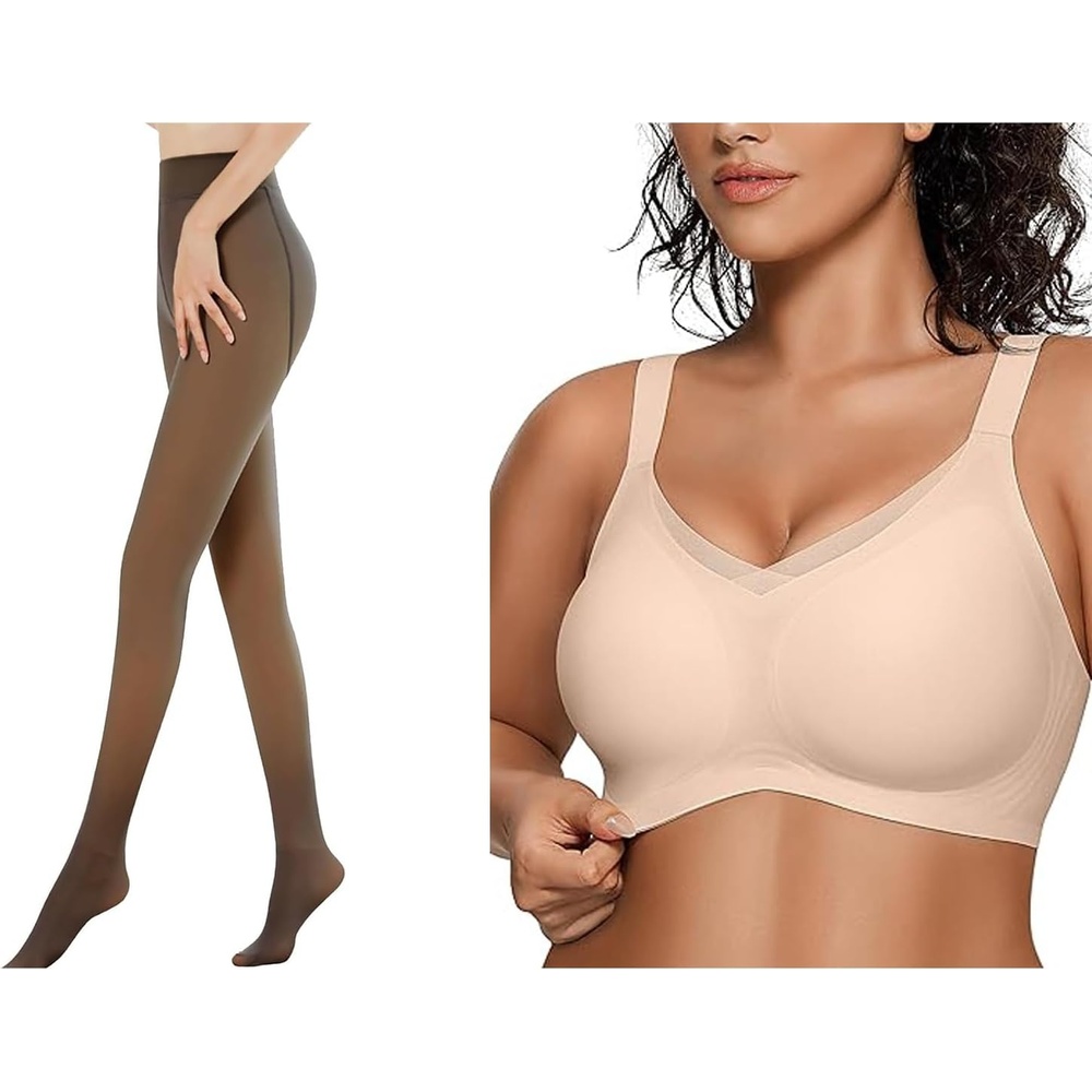 image:imageOEAK Womens Fleece Lined Tights Fake Translucent Pantyhose Womens Wireless Bras V Mesh Comfortable Bralette Supportive Tshirt Bra No Underwire Fake Translucent Coffee 220g LXL Nude L