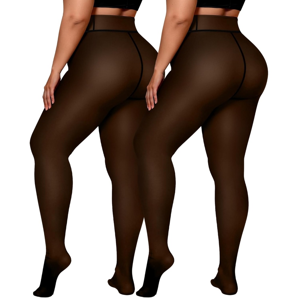 image:imageOEAK Womens Fleece Lined Tights Sheer Fake Translucent Pantyhose Thermal Tights High Waisted Footed Leggings2 Pairs Black