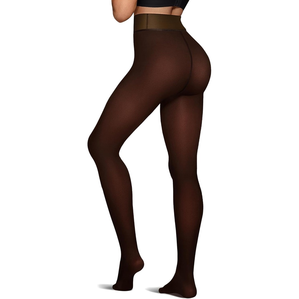 image:imageOEAK Womens Fleece Lined Tights Sheer Fake Translucent Pantyhose Thermal Tights High Waisted Footed LeggingsBrown