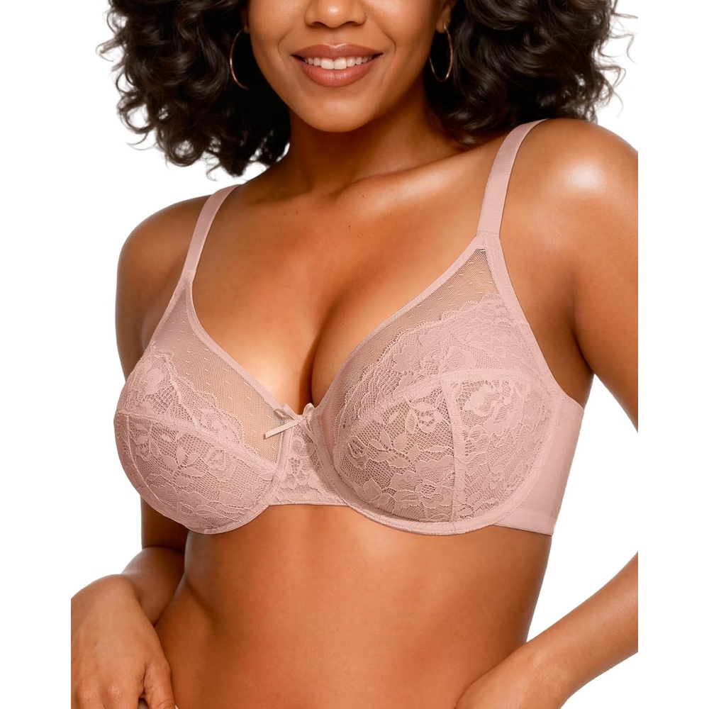 image:imageOEAK Womens Minimizer Bras Underwire Full Coverage Bra Plus Size Unlined Lace Bralette Lifting Tshirt Bras for Large BreastPink