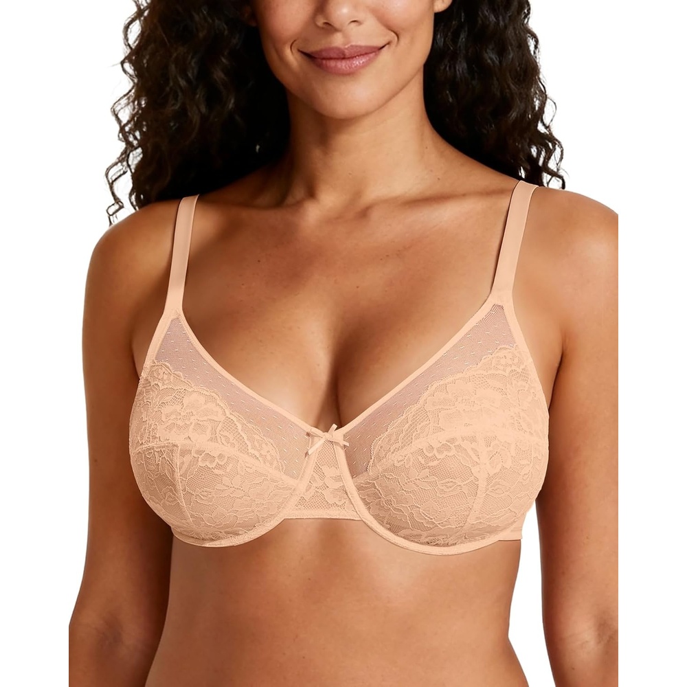 image:imageOEAK Womens Minimizer Bras Underwire Full Coverage Bra Plus Size Unlined Lace Bralette Lifting Tshirt Bras for Large BreastWarm Beige