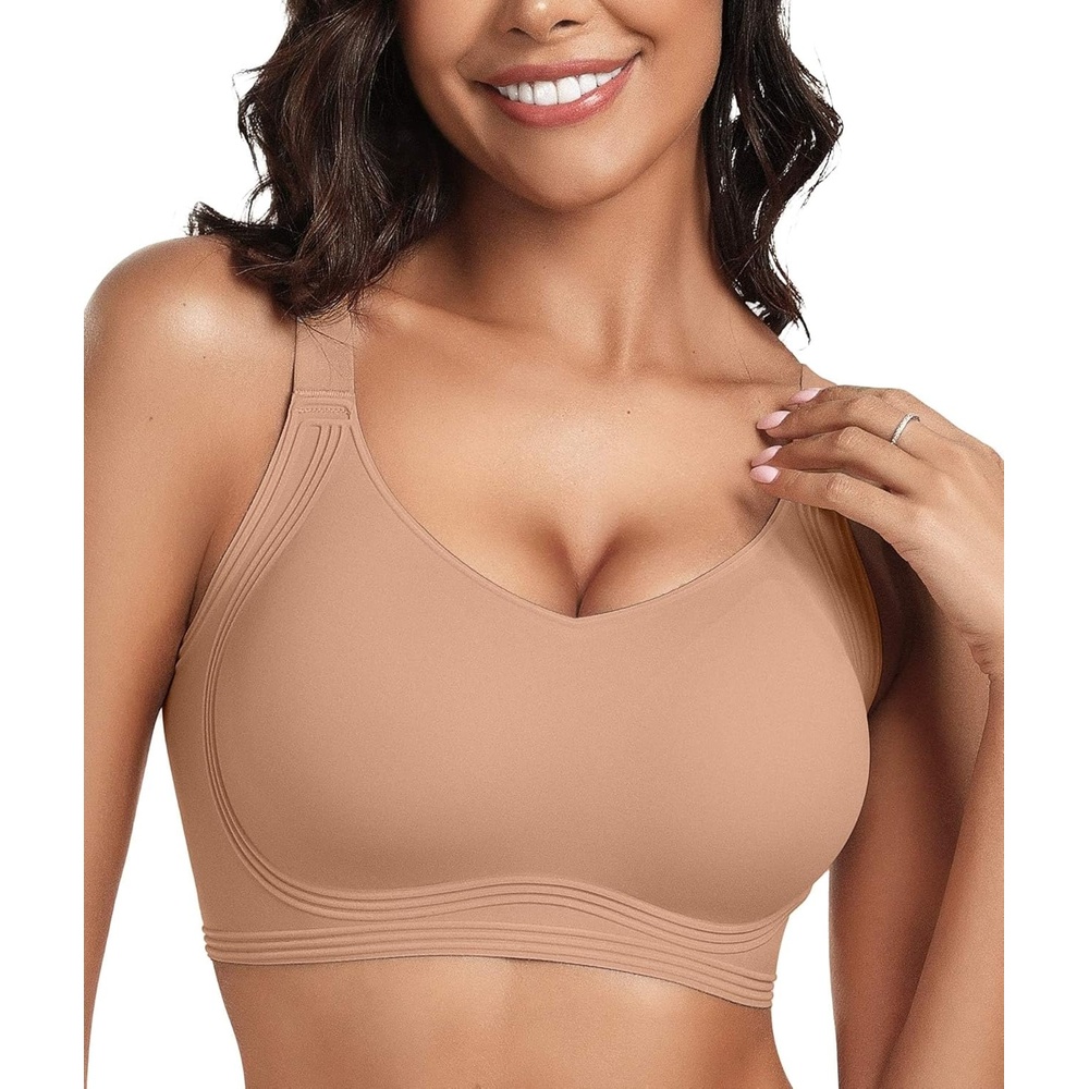 image:imageOEAK Womens Seamless Push Up Bras No Underwire Full Coverage Anti Sagging Comfortable V Neck Bra Wireless Everyday Jelly Bra ApricotL