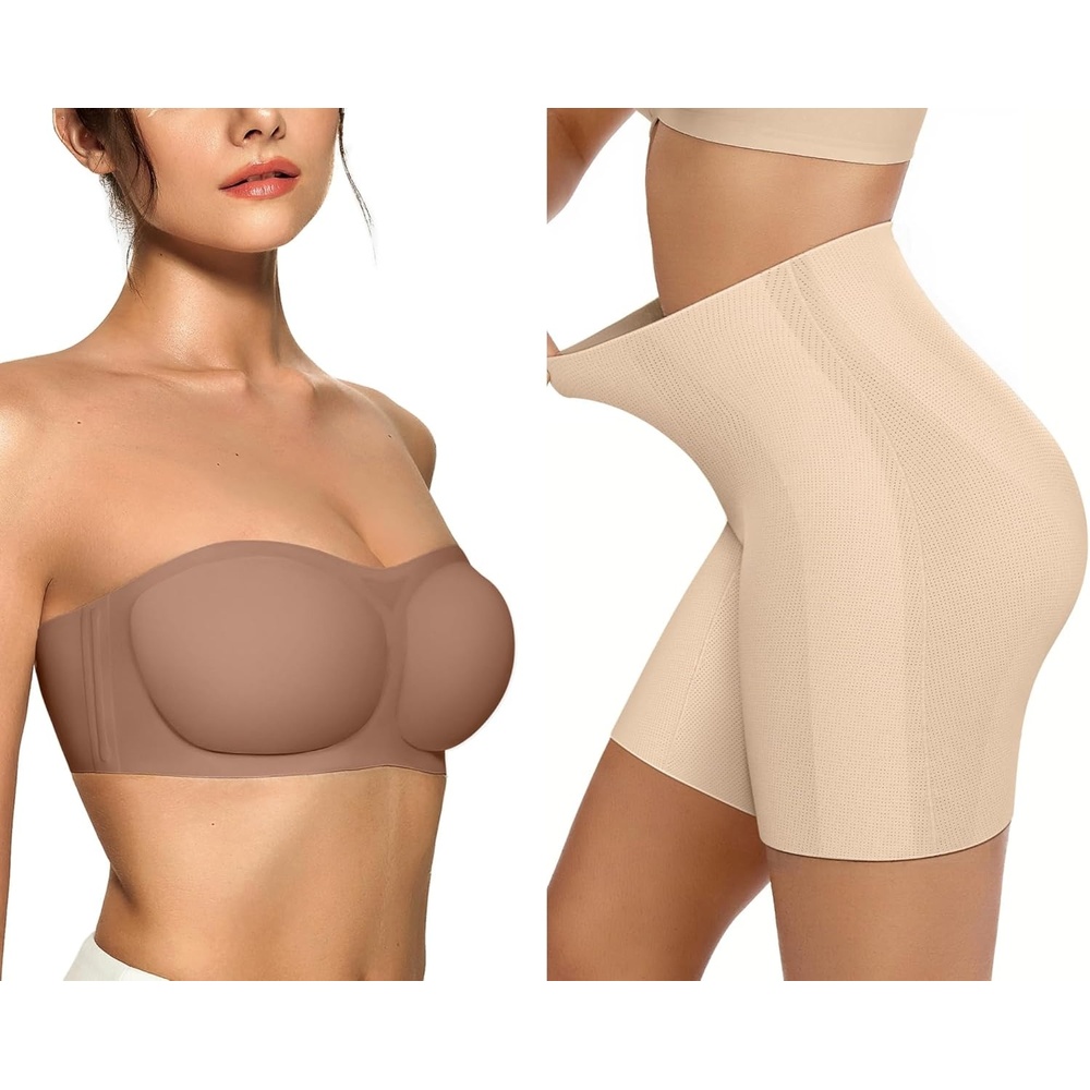 image:imageOEAK Womens Strapless Bras Push Up Bandeau Bra Coffee amp Tummy Control Shapewear Nude S