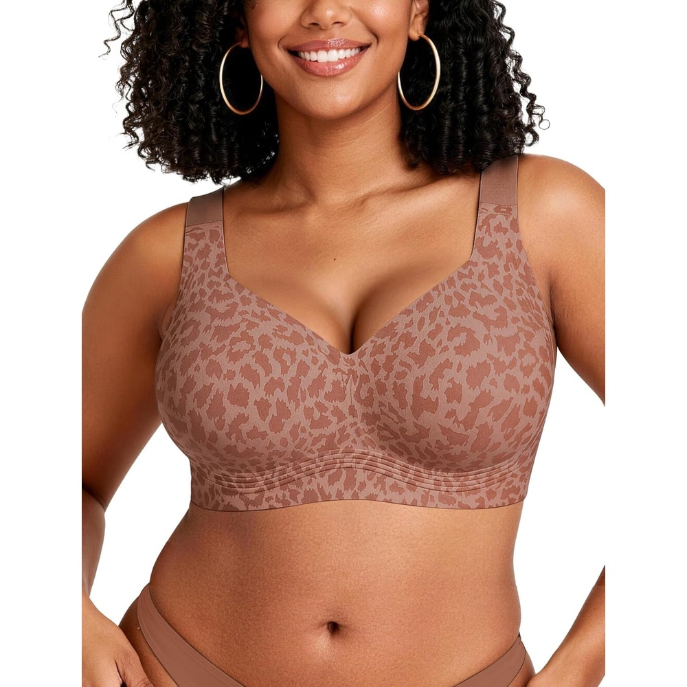 image:imageOEAK Womens Wireless Jelly Bra Plus Size Supportive Seamless Bras Full Coverage Push Up Comfortable No Underwire Tshirt BrasBrown Leopard