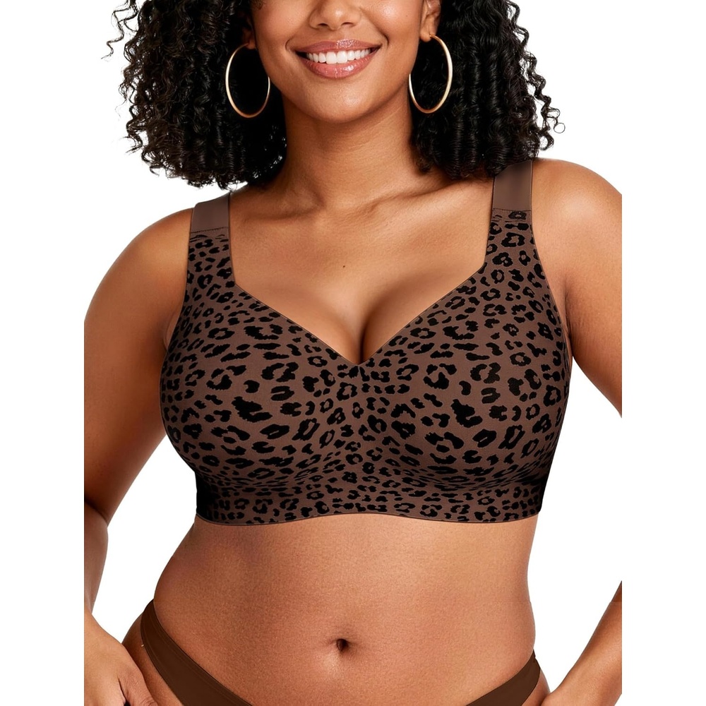 image:imageOEAK Womens Wireless Jelly Bra Plus Size Supportive Seamless Bras Full Coverage Push Up Comfortable No Underwire Tshirt BrasCoffee Leopard