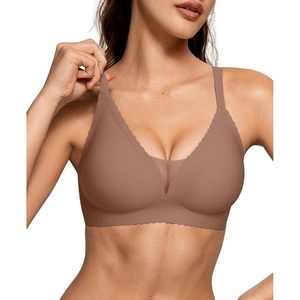 image:imageOEAK Womens Comfortable Bras Wireless Bras Push Up Bralettes Scalloped Mesh Bras Seamless Tshirts Bras Deep V Everyday BrasCoffee