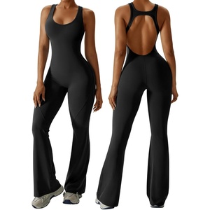image:imageOEAK Womens Flare Jumpsuit with Bra Tummy Control Cutout Romper Workout Outfit Sleeveless Unitard One Piece Backless BodysuitBlack