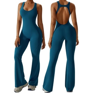 image:imageOEAK Womens Flare Jumpsuit with Bra Tummy Control Cutout Romper Workout Outfit Sleeveless Unitard One Piece Backless BodysuitBlue