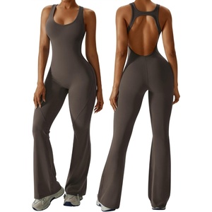 image:imageOEAK Womens Flare Jumpsuit with Bra Tummy Control Cutout Romper Workout Outfit Sleeveless Unitard One Piece Backless BodysuitBrown