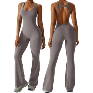 image:imageOEAK Womens Flare Jumpsuit with Bra Tummy Control Cutout Romper Workout Outfit Sleeveless Unitard One Piece Backless BodysuitFlaxen