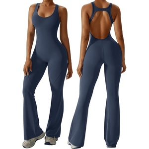 image:imageOEAK Womens Flare Jumpsuit with Bra Tummy Control Cutout Romper Workout Outfit Sleeveless Unitard One Piece Backless BodysuitNavy