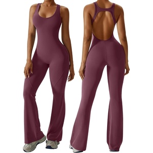 image:imageOEAK Womens Flare Jumpsuit with Bra Tummy Control Cutout Romper Workout Outfit Sleeveless Unitard One Piece Backless BodysuitWine Red