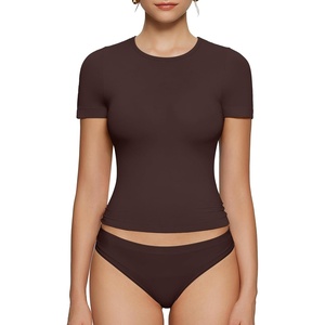 image:imageOEAK Womens TShirts Short Sleeve Shirts Crew Neck Basic Tees Soft Smoothing Seamless Tshirts Slim Fit Going Out Trendy TopsBrown