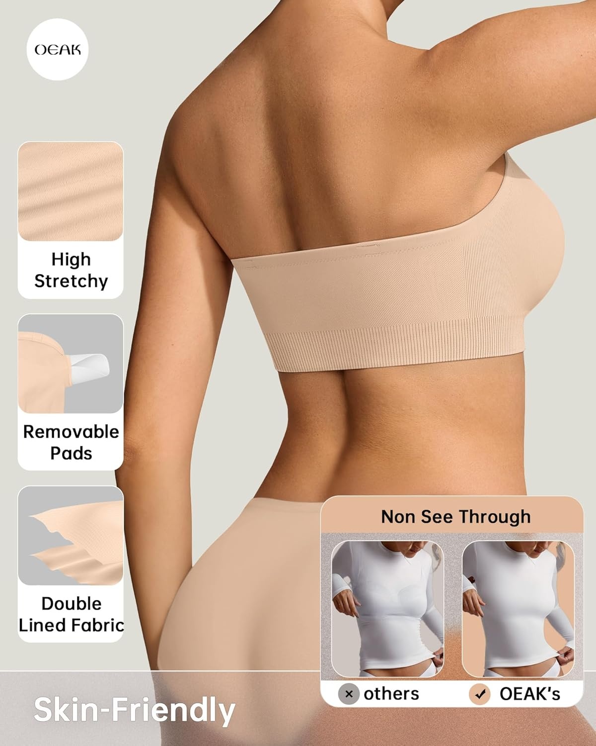 image:imageOEAK Supportive Strapless Bras for Women Push Up Wireless Bandeau Bra Non Slip Seamless Bras Comfortable Padded BraletteBeige