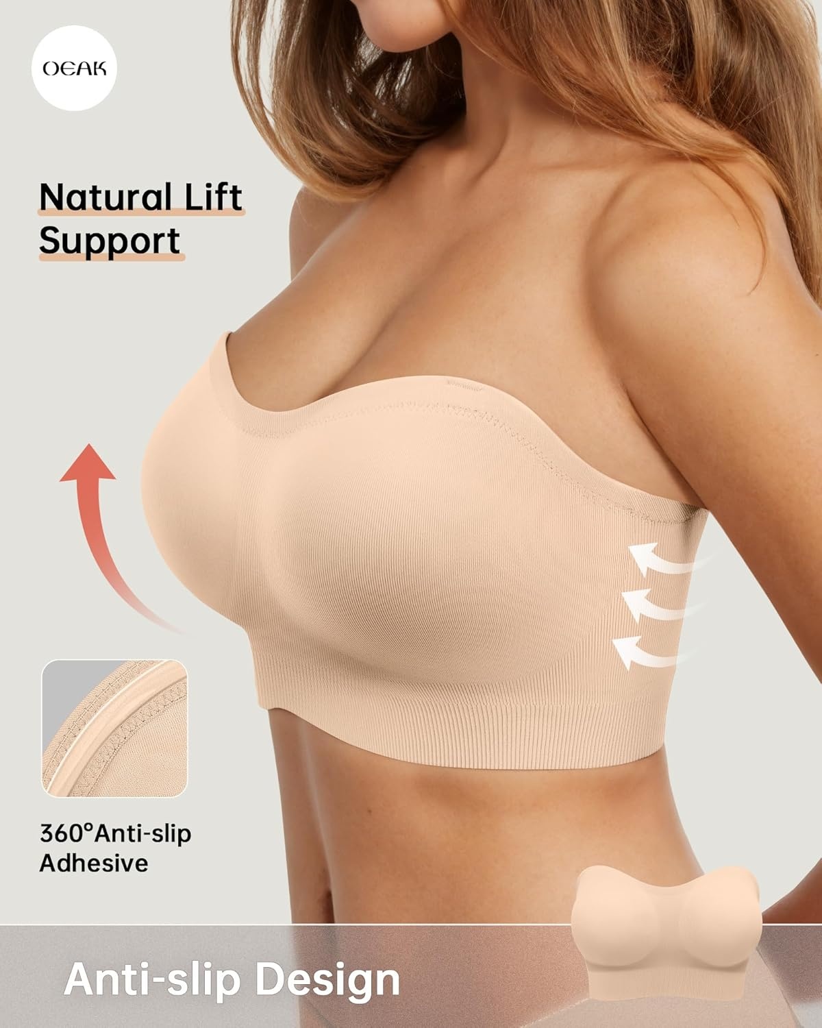image:imageOEAK Supportive Strapless Bras for Women Push Up Wireless Bandeau Bra Non Slip Seamless Bras Comfortable Padded BraletteBeige