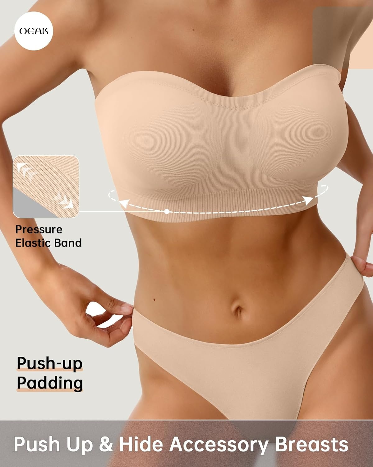 image:imageOEAK Supportive Strapless Bras for Women Push Up Wireless Bandeau Bra Non Slip Seamless Bras Comfortable Padded BraletteBeige