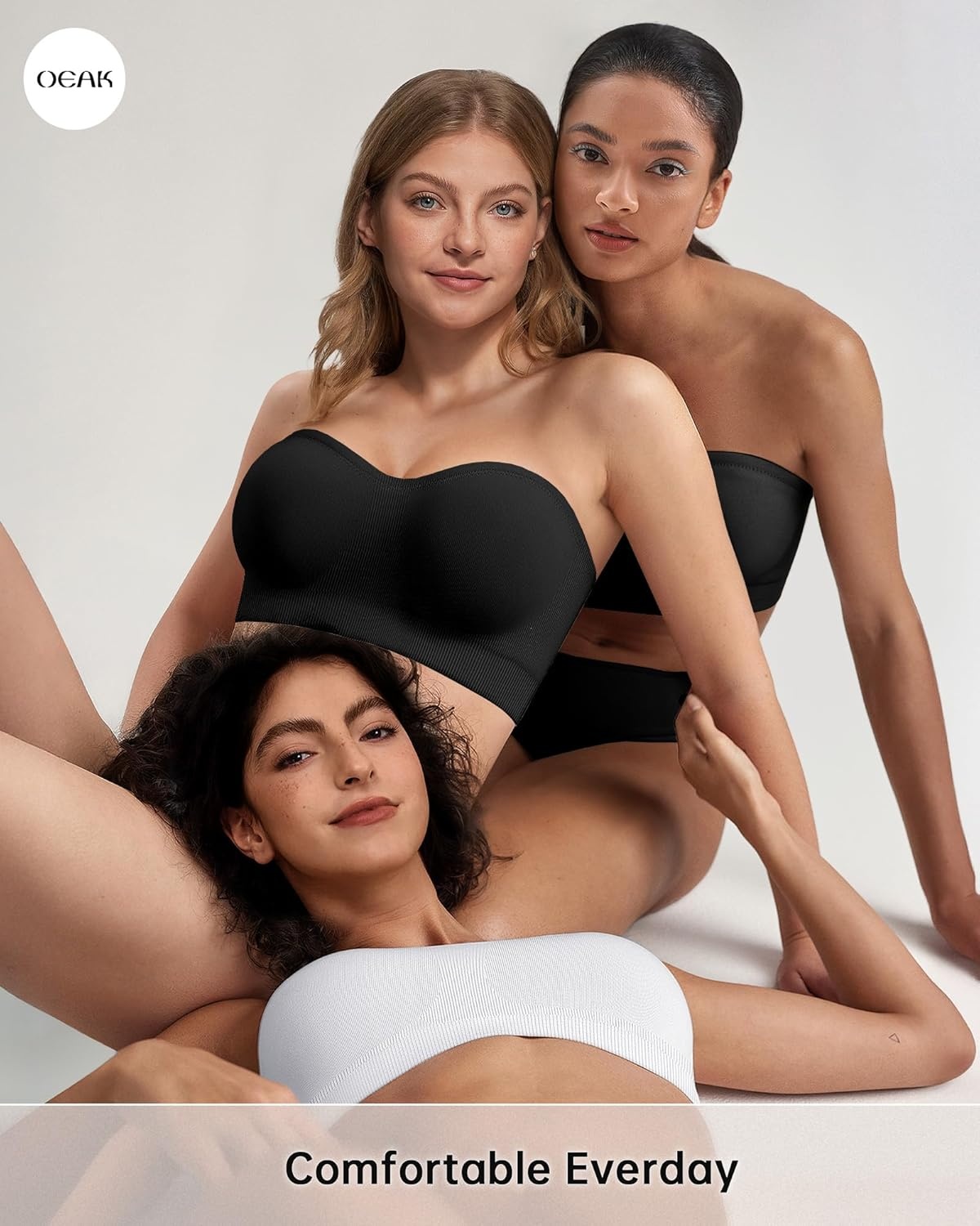 image:imageOEAK Supportive Strapless Bras for Women Push Up Wireless Bandeau Bra Non Slip Seamless Bras Comfortable Padded BraletteBlack