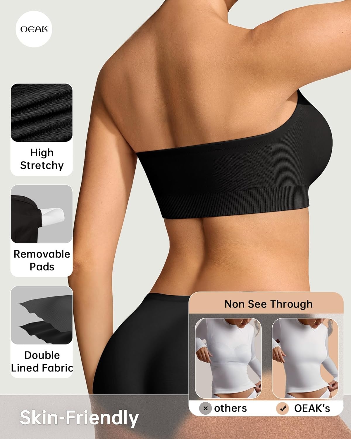 image:imageOEAK Supportive Strapless Bras for Women Push Up Wireless Bandeau Bra Non Slip Seamless Bras Comfortable Padded BraletteBlack