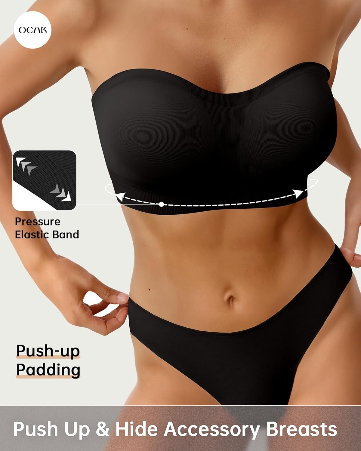 image:imageOEAK Supportive Strapless Bras for Women Push Up Wireless Bandeau Bra Non Slip Seamless Bras Comfortable Padded BraletteBlack