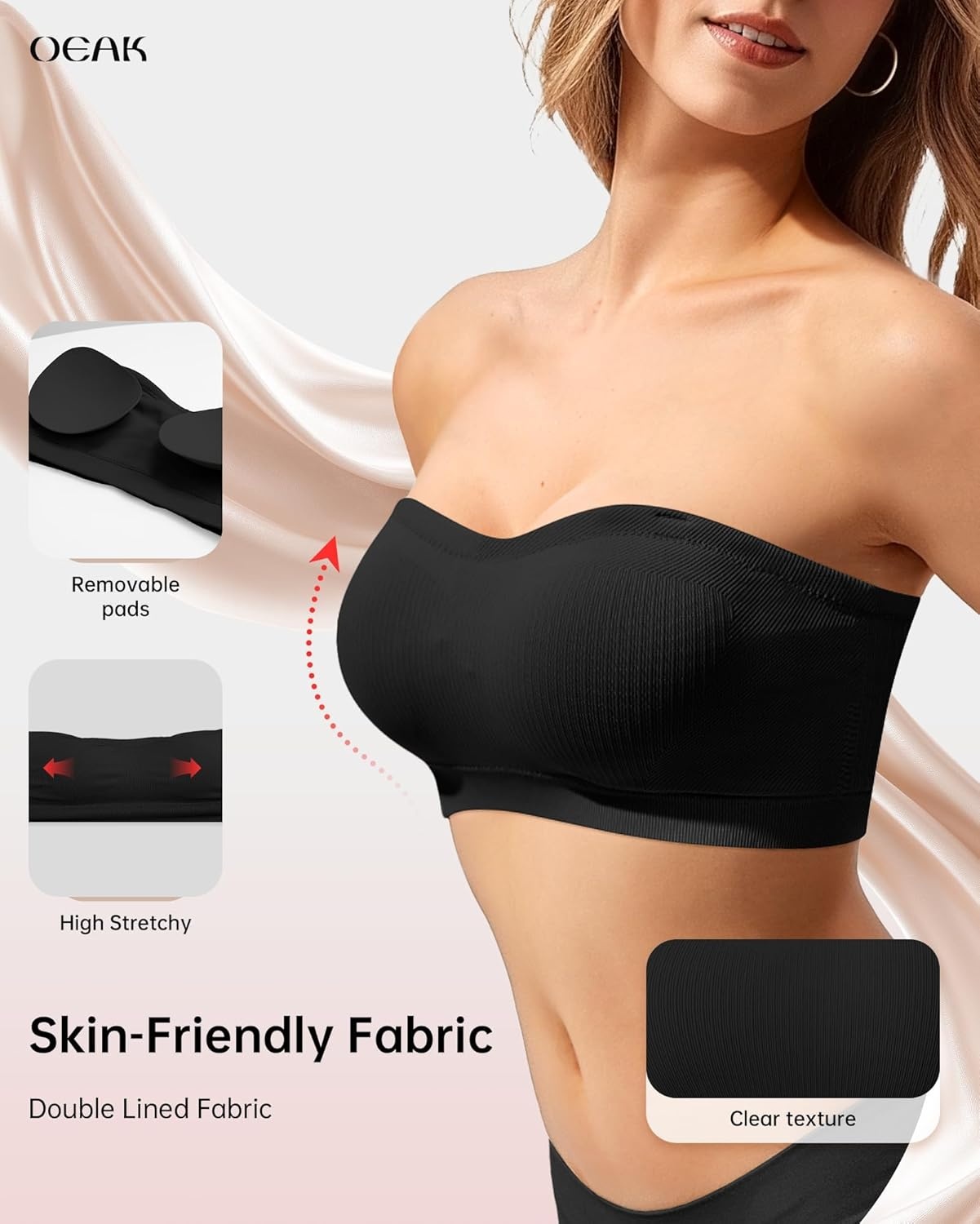image:imageOEAK Supportive Strapless Bras for Women Push Up Wireless Bandeau Bra Non Slip Seamless Bras Comfortable Padded BraletteBlack