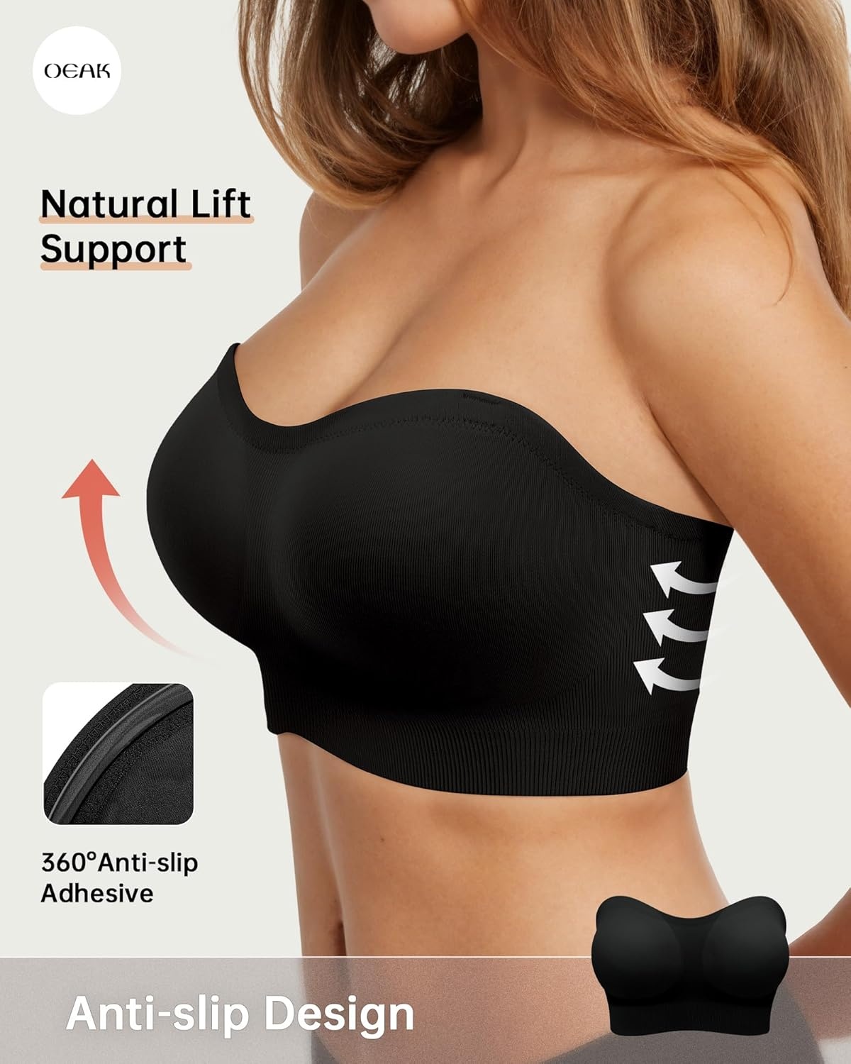 image:imageOEAK Supportive Strapless Bras for Women Push Up Wireless Bandeau Bra Non Slip Seamless Bras Comfortable Padded BraletteBlack