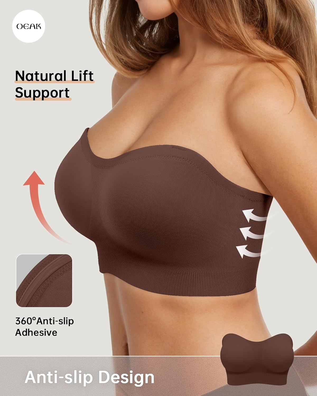 image:imageOEAK Supportive Strapless Bras for Women Push Up Wireless Bandeau Bra Non Slip Seamless Bras Comfortable Padded BraletteChocolate