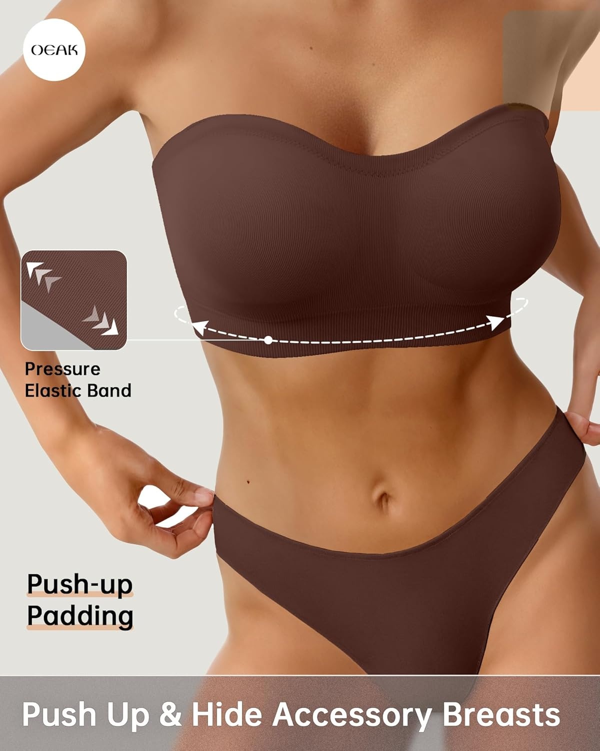 image:imageOEAK Supportive Strapless Bras for Women Push Up Wireless Bandeau Bra Non Slip Seamless Bras Comfortable Padded BraletteChocolate