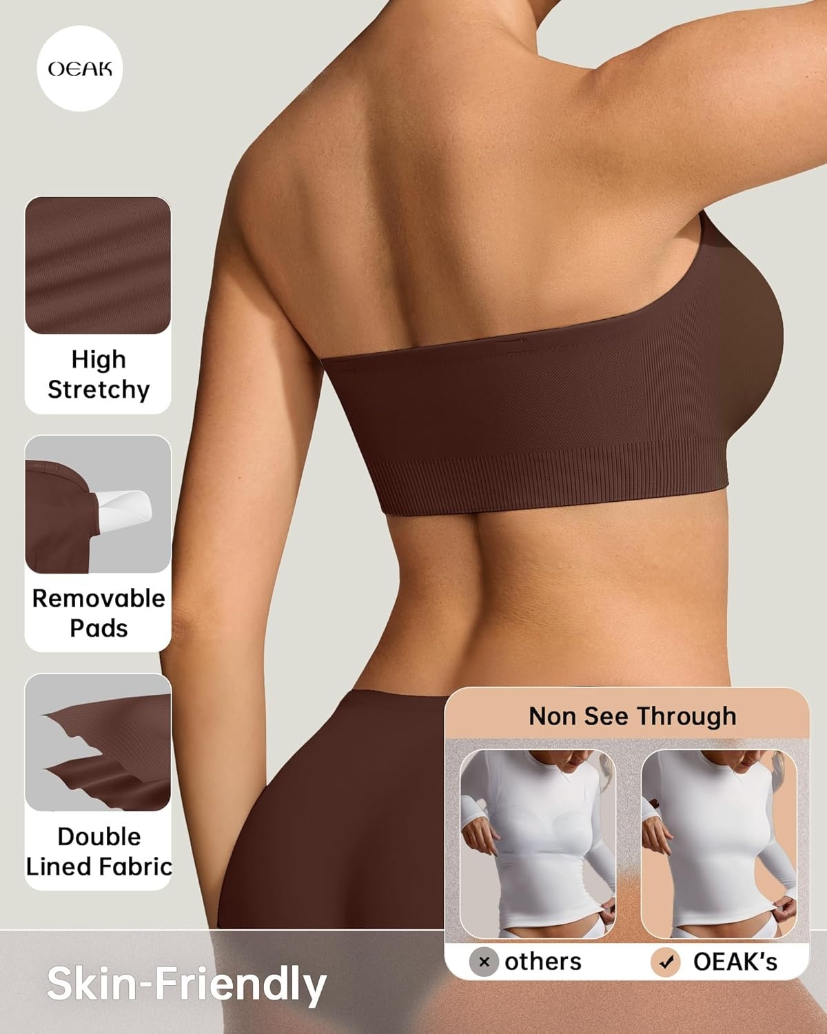 image:imageOEAK Supportive Strapless Bras for Women Push Up Wireless Bandeau Bra Non Slip Seamless Bras Comfortable Padded BraletteChocolate