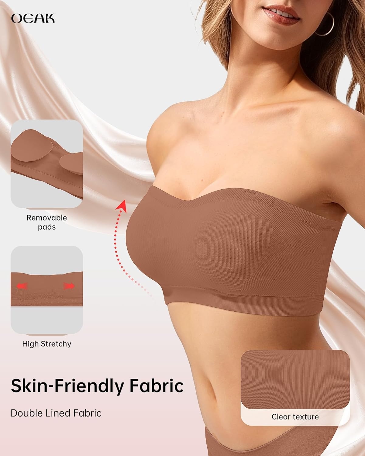 image:imageOEAK Supportive Strapless Bras for Women Push Up Wireless Bandeau Bra Non Slip Seamless Bras Comfortable Padded BraletteGravel Beige