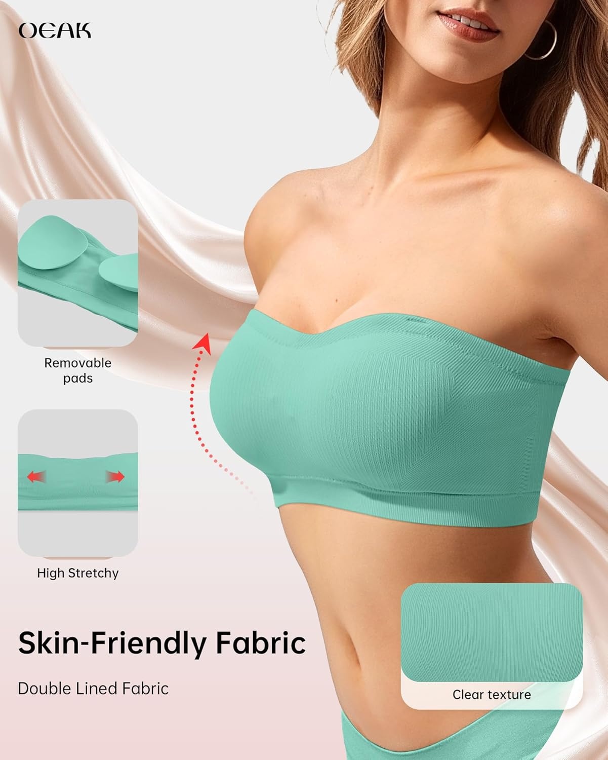 image:imageOEAK Supportive Strapless Bras for Women Push Up Wireless Bandeau Bra Non Slip Seamless Bras Comfortable Padded BraletteMint Green