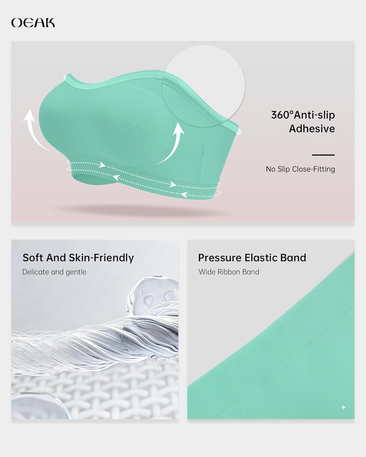 image:imageOEAK Supportive Strapless Bras for Women Push Up Wireless Bandeau Bra Non Slip Seamless Bras Comfortable Padded BraletteMint Green