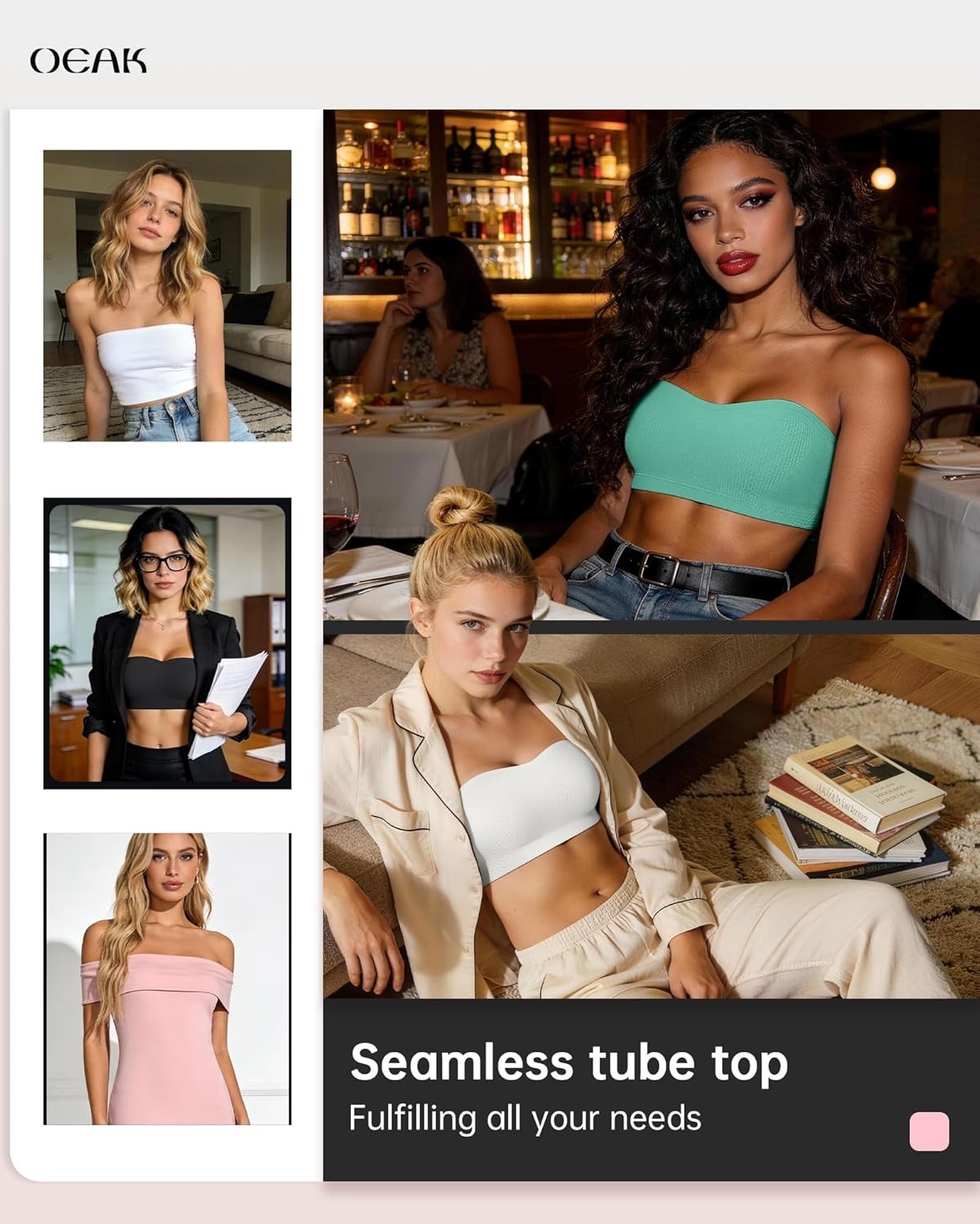image:imageOEAK Supportive Strapless Bras for Women Push Up Wireless Bandeau Bra Non Slip Seamless Bras Comfortable Padded BraletteMint Green