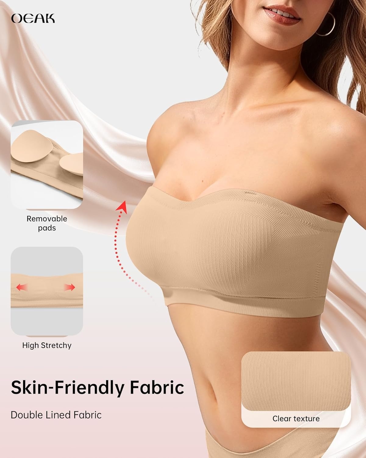 image:imageOEAK Supportive Strapless Bras for Women Push Up Wireless Bandeau Bra Non Slip Seamless Bras Comfortable Padded BraletteNude