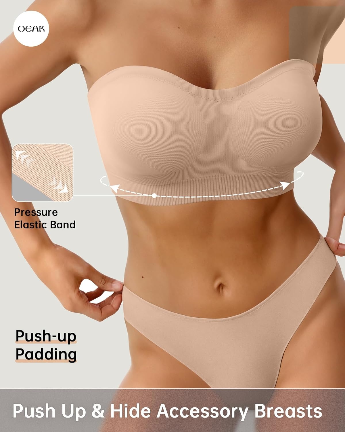 image:imageOEAK Supportive Strapless Bras for Women Push Up Wireless Bandeau Bra Non Slip Seamless Bras Comfortable Padded BraletteNude