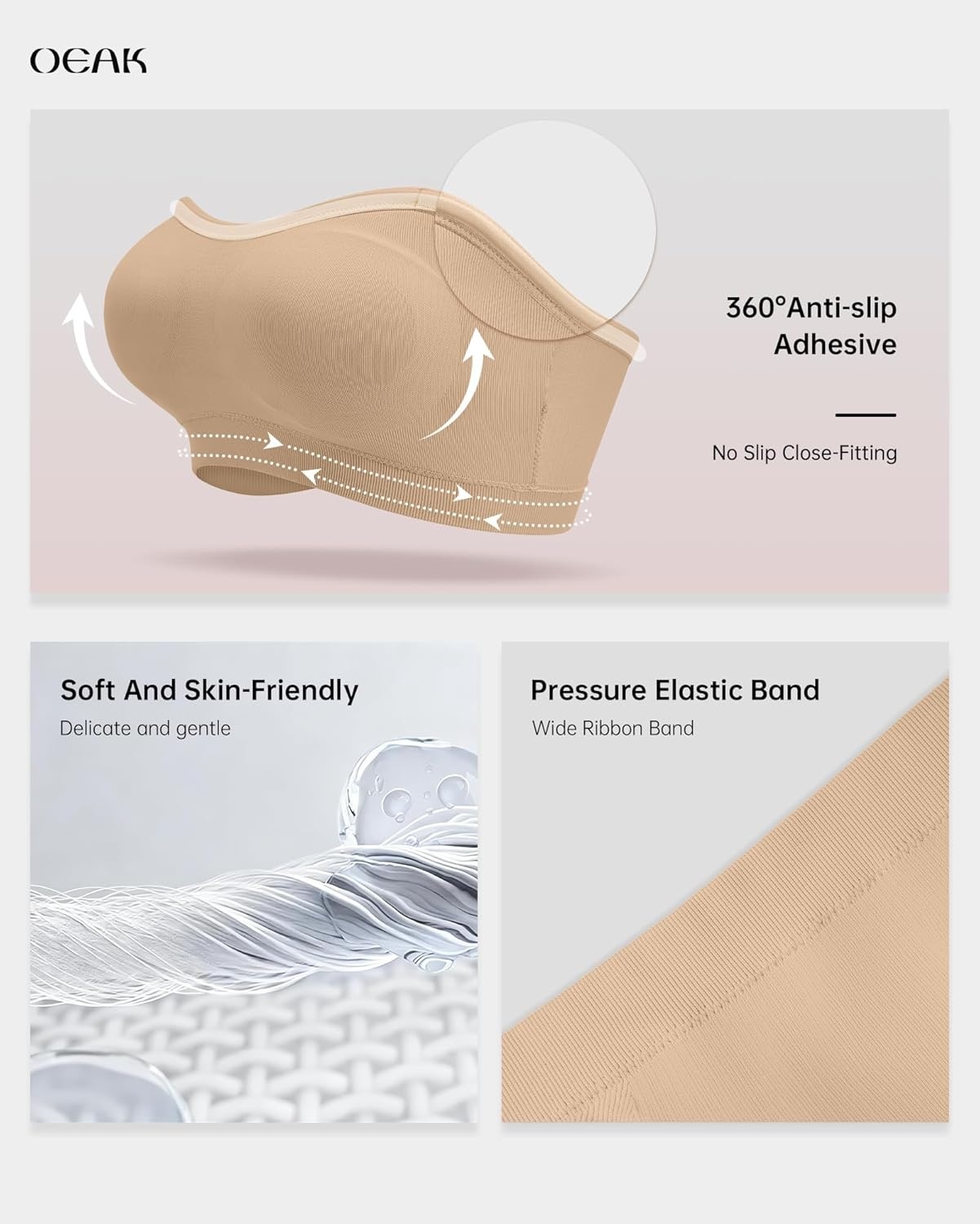 image:imageOEAK Supportive Strapless Bras for Women Push Up Wireless Bandeau Bra Non Slip Seamless Bras Comfortable Padded BraletteNude