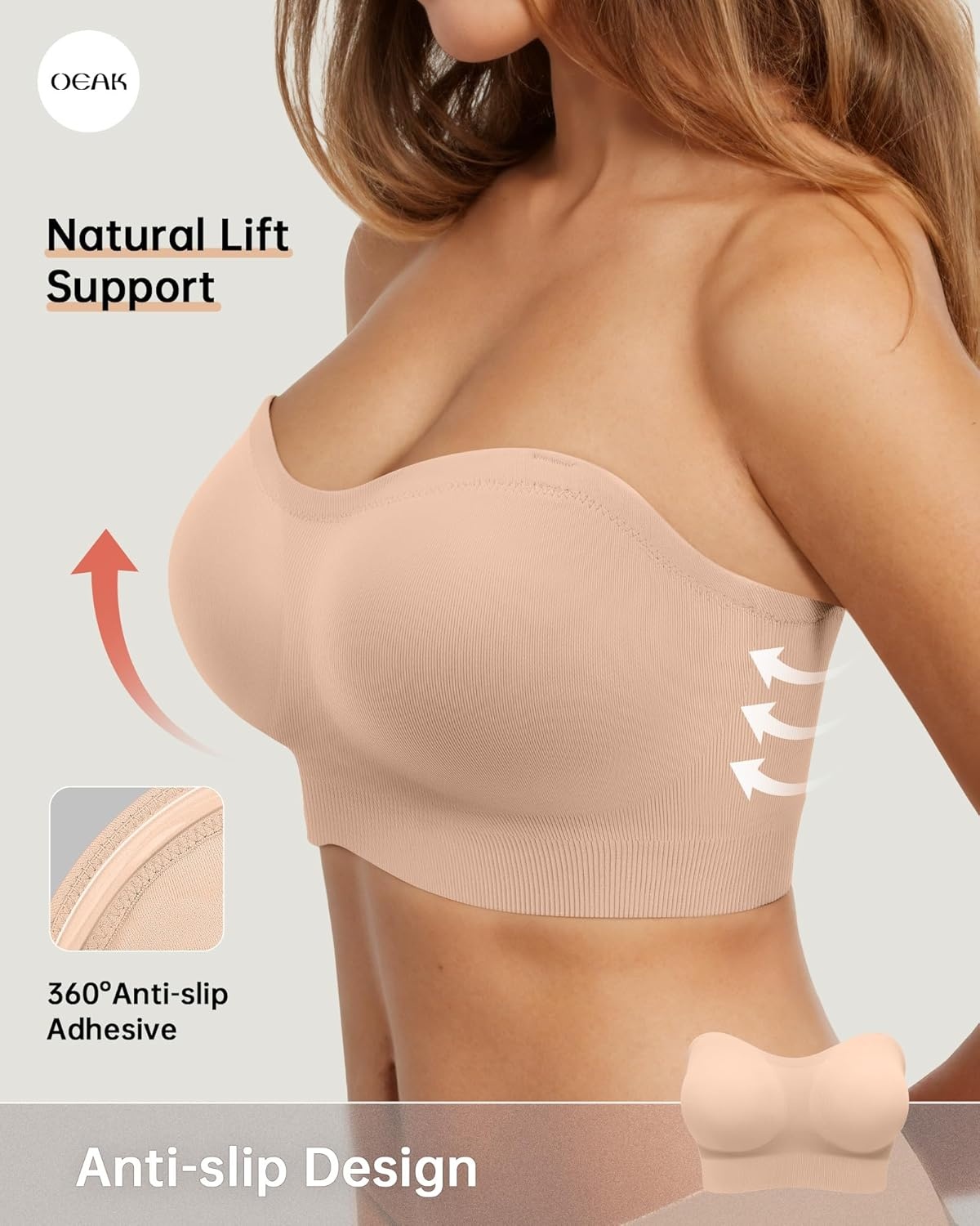 image:imageOEAK Supportive Strapless Bras for Women Push Up Wireless Bandeau Bra Non Slip Seamless Bras Comfortable Padded BraletteNude
