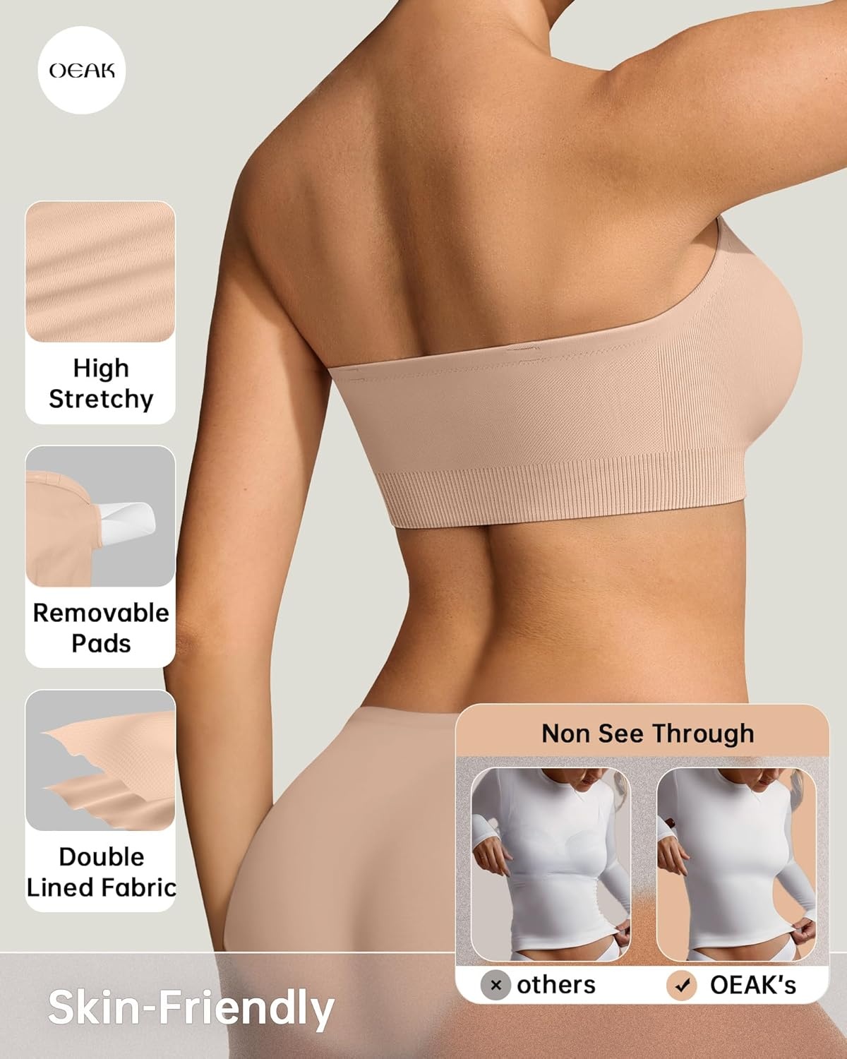 image:imageOEAK Supportive Strapless Bras for Women Push Up Wireless Bandeau Bra Non Slip Seamless Bras Comfortable Padded BraletteNude