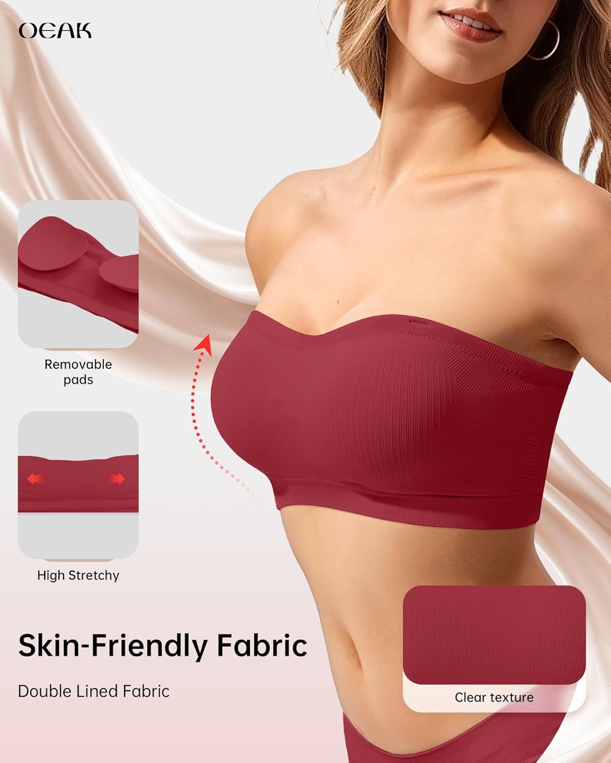 image:imageOEAK Supportive Strapless Bras for Women Push Up Wireless Bandeau Bra Non Slip Seamless Bras Comfortable Padded BraletteRed