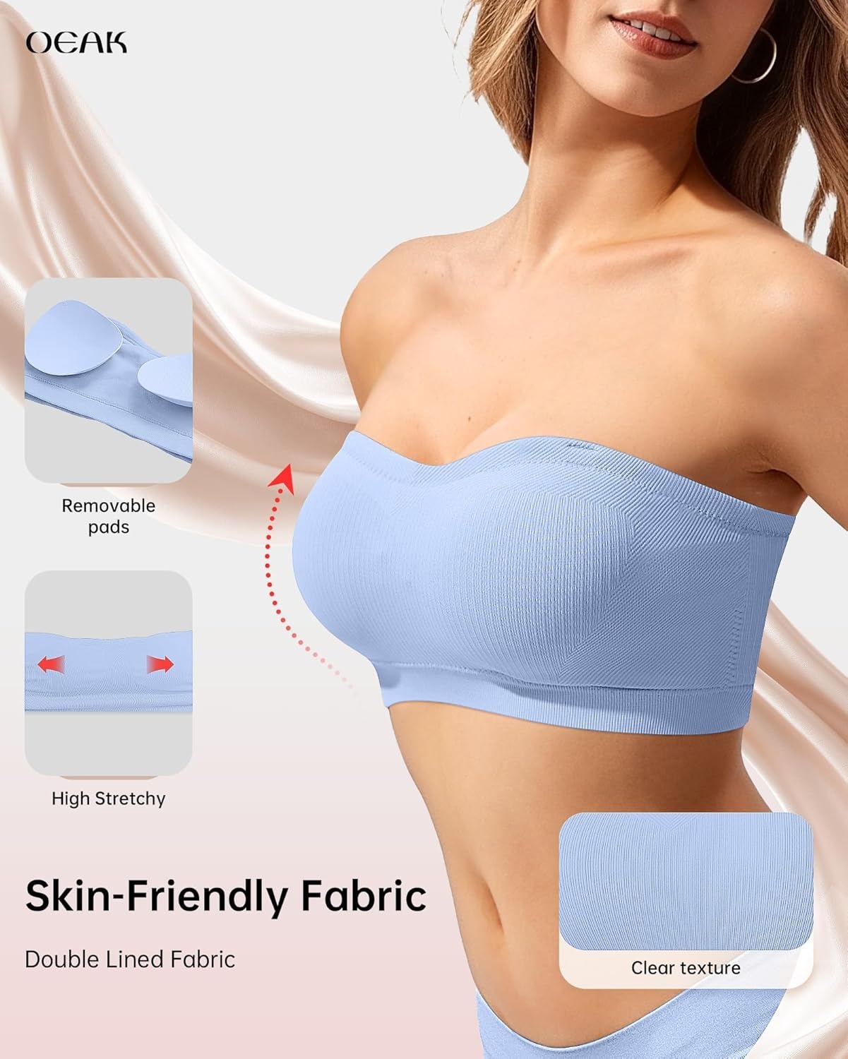 image:imageOEAK Supportive Strapless Bras for Women Push Up Wireless Bandeau Bra Non Slip Seamless Bras Comfortable Padded BraletteSky Blue
