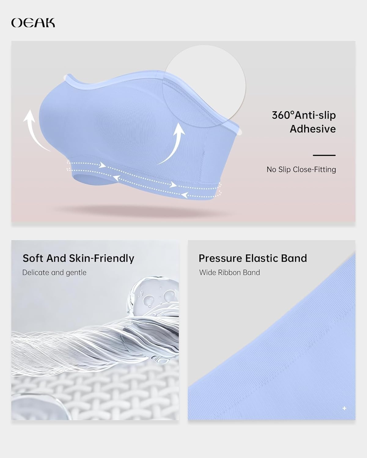 image:imageOEAK Supportive Strapless Bras for Women Push Up Wireless Bandeau Bra Non Slip Seamless Bras Comfortable Padded BraletteSky Blue