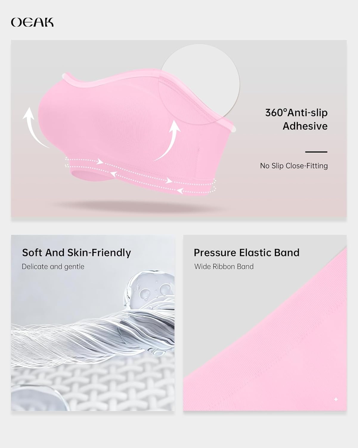 image:imageOEAK Supportive Strapless Bras for Women Push Up Wireless Bandeau Bra Non Slip Seamless Bras Comfortable Padded BraletteSweet Pink