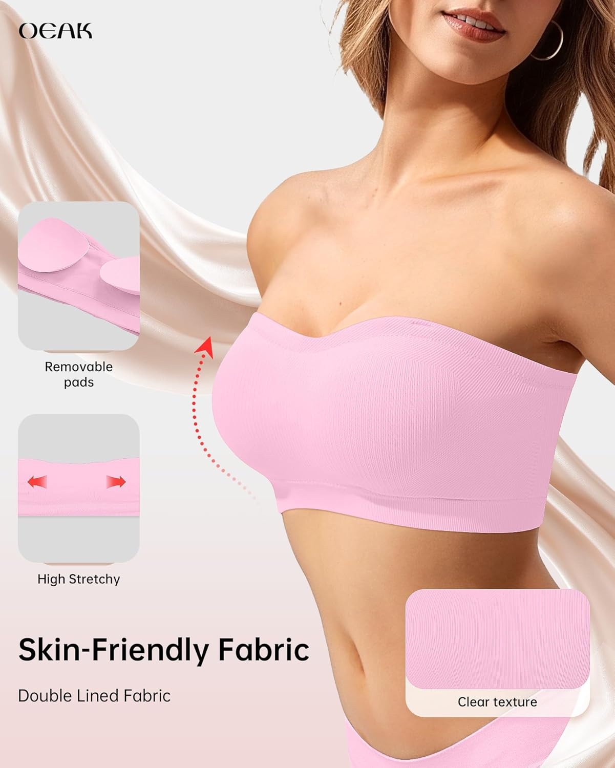 image:imageOEAK Supportive Strapless Bras for Women Push Up Wireless Bandeau Bra Non Slip Seamless Bras Comfortable Padded BraletteSweet Pink