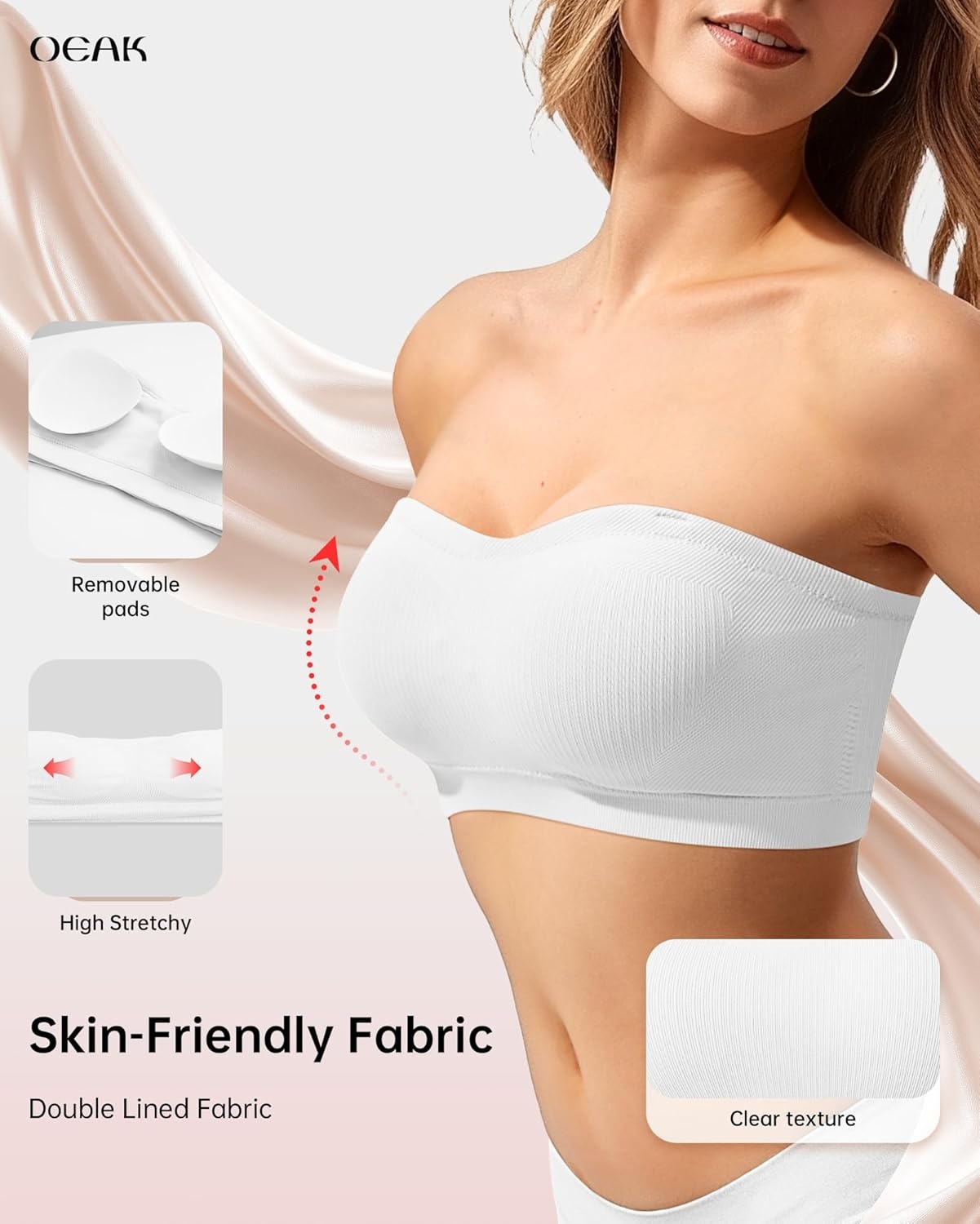 image:imageOEAK Supportive Strapless Bras for Women Push Up Wireless Bandeau Bra Non Slip Seamless Bras Comfortable Padded BraletteWhite