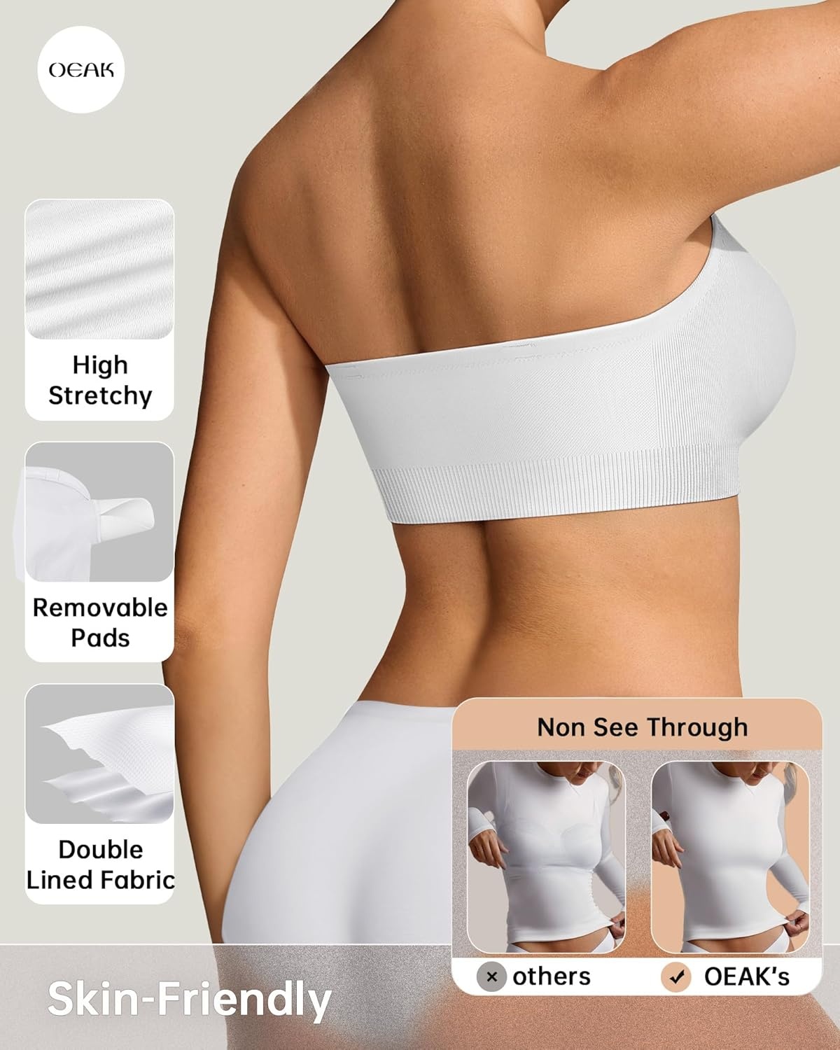 image:imageOEAK Supportive Strapless Bras for Women Push Up Wireless Bandeau Bra Non Slip Seamless Bras Comfortable Padded BraletteWhite