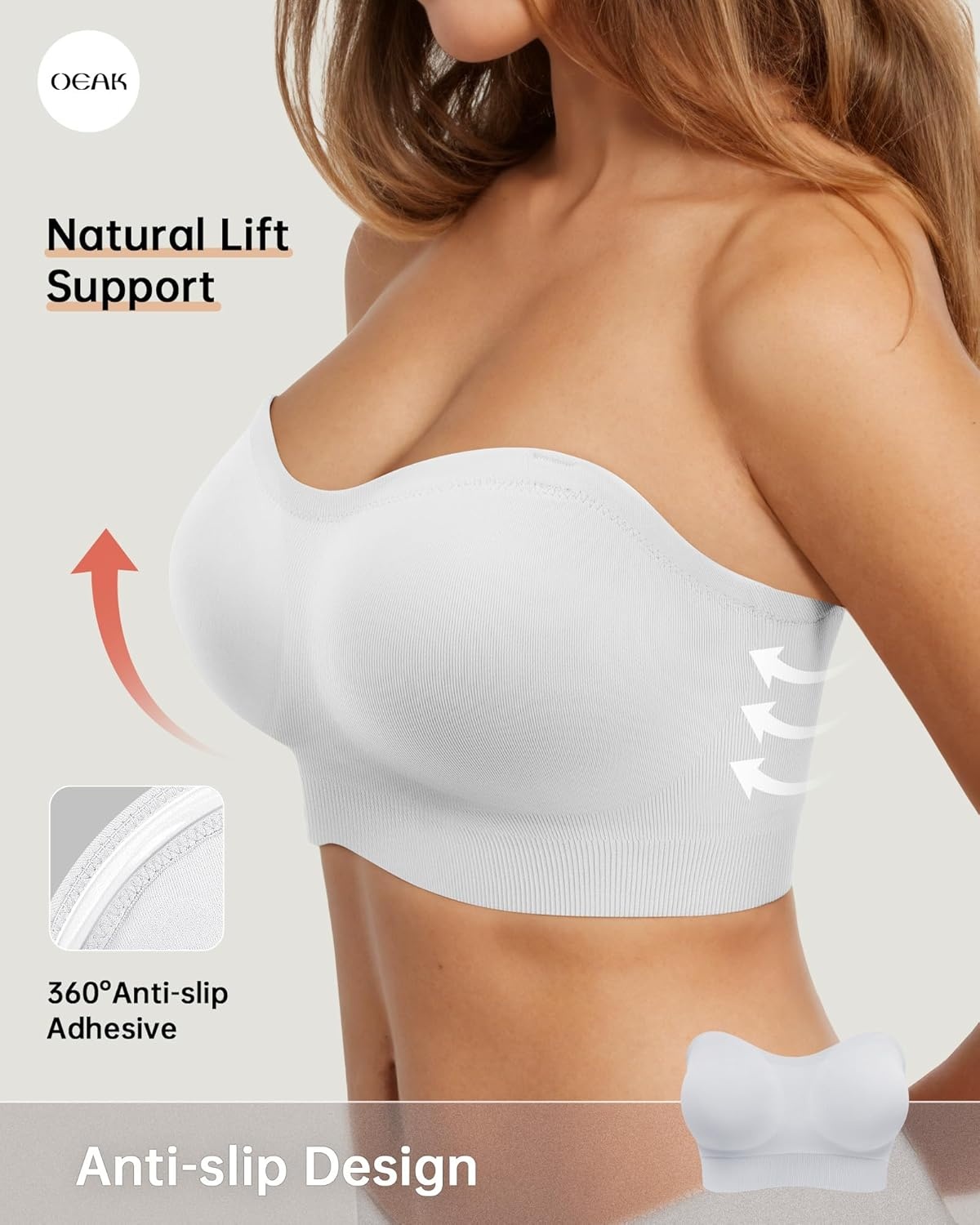 image:imageOEAK Supportive Strapless Bras for Women Push Up Wireless Bandeau Bra Non Slip Seamless Bras Comfortable Padded BraletteWhite