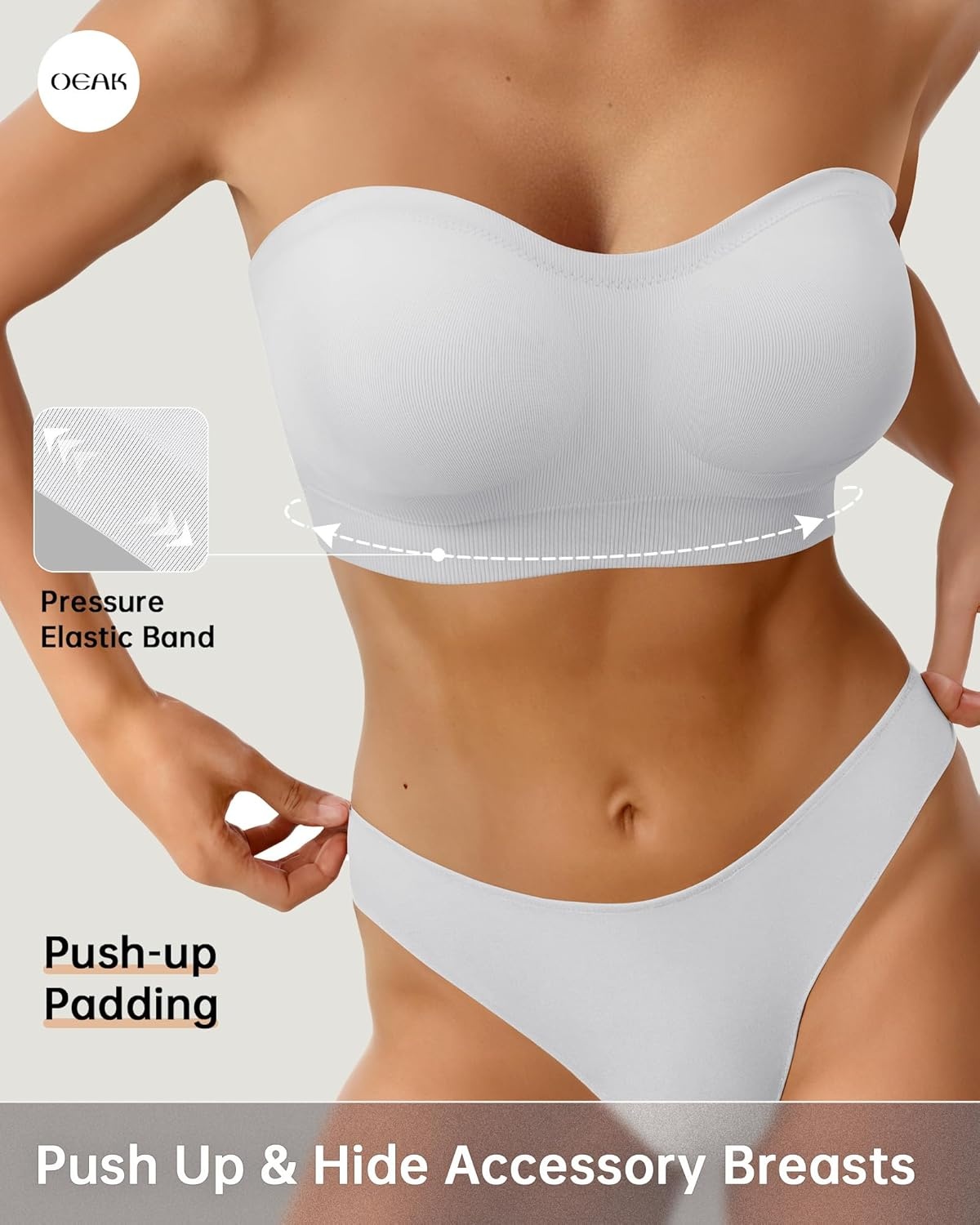 image:imageOEAK Supportive Strapless Bras for Women Push Up Wireless Bandeau Bra Non Slip Seamless Bras Comfortable Padded BraletteWhite