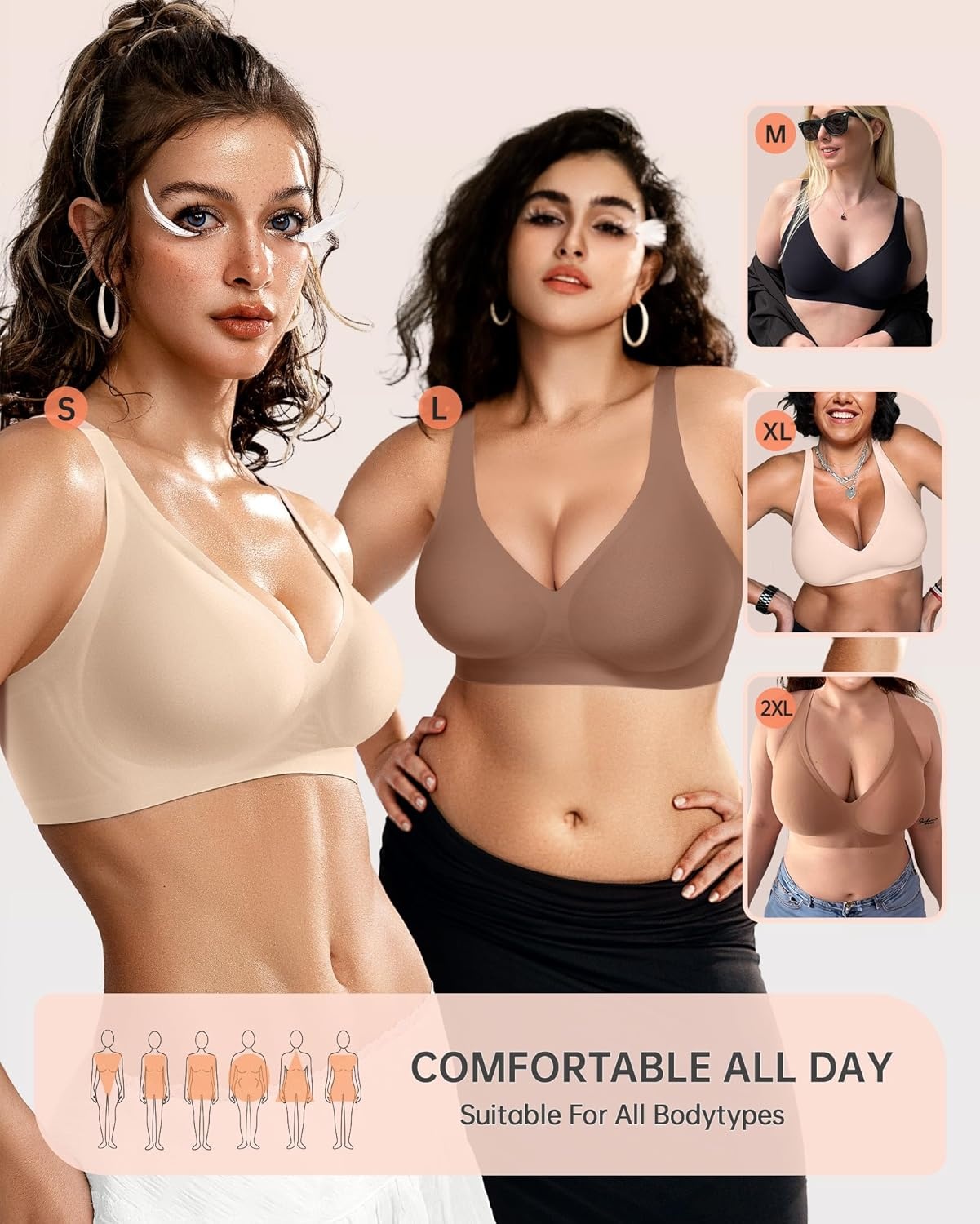 image:imageOEAK Womens Deep V Bras Wireless Bras Beige amp Tummy Control Shapewear for Women Seamless Nude XL