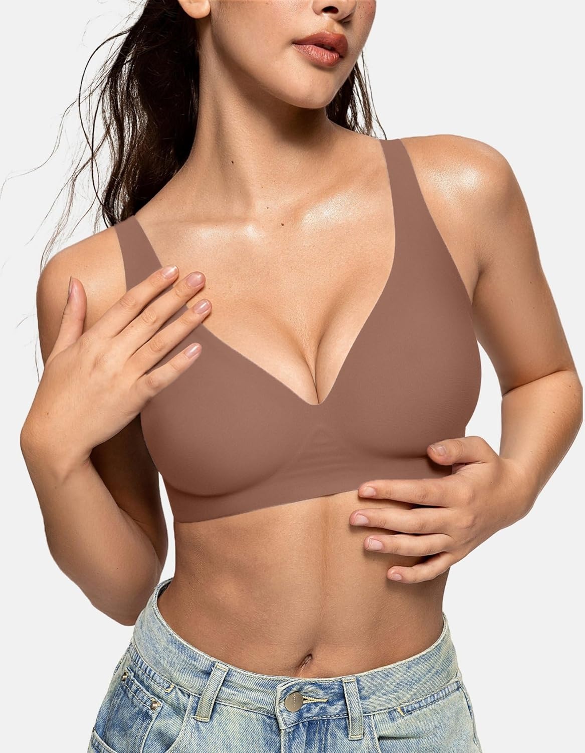 image:imageOEAK Womens Deep V Bras Wireless Bras Coffee amp Tummy Control Shapewear for Women Seamless Nude 2XL