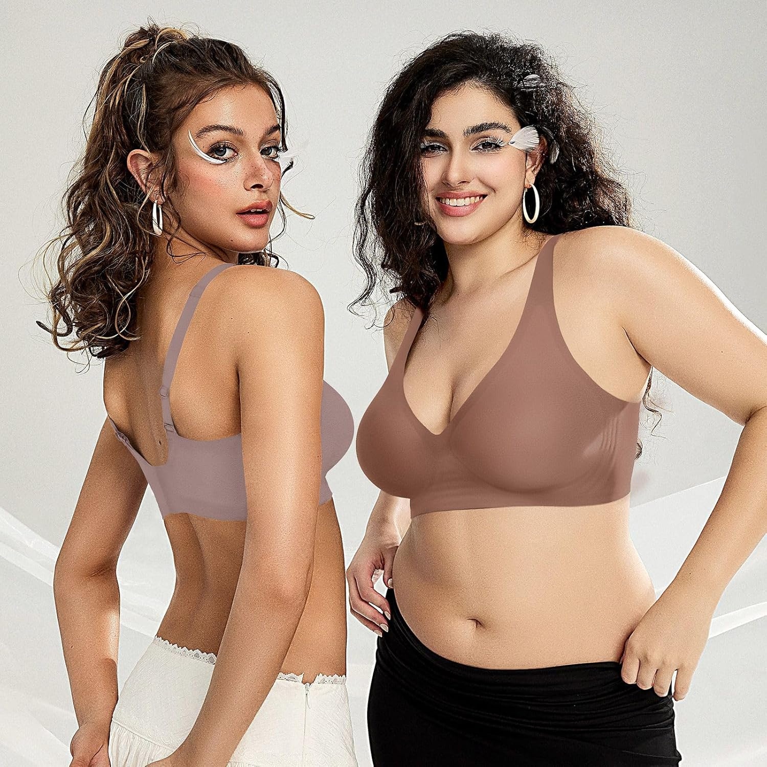 image:imageOEAK Womens Deep V Bras Wireless Bras Coffee amp Tummy Control Shapewear for Women Seamless Nude M